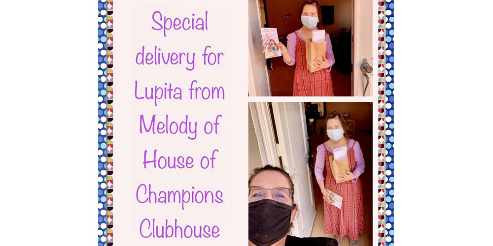 Here's Lupita receiving her clubhouse bingo prize from Melody